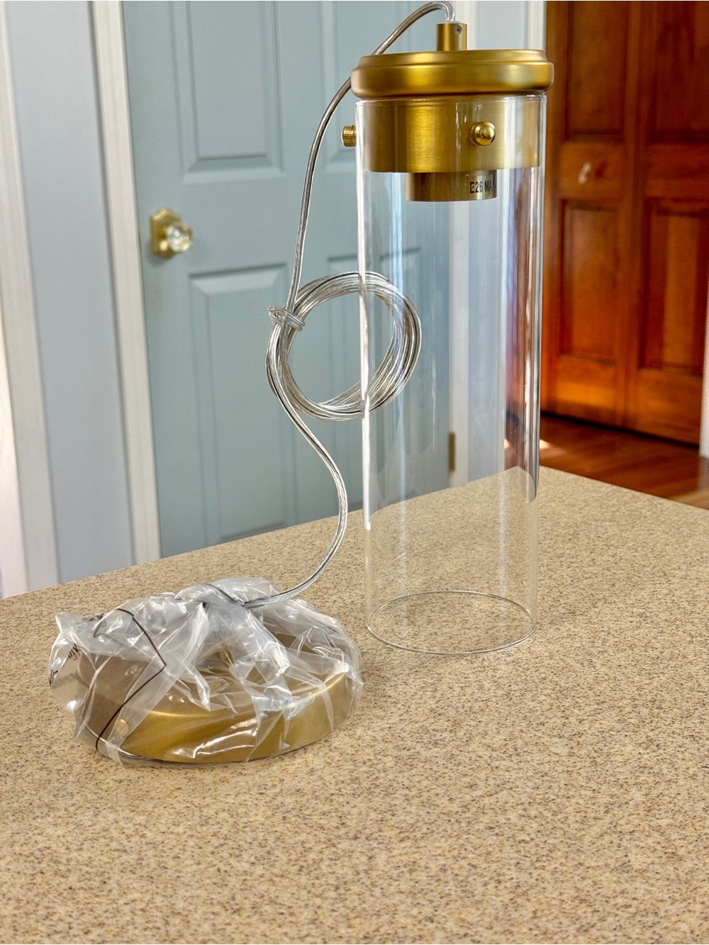 Puncoll Brushed Gold Pendant 1 Light Fixture Clear Cylinder Globe New